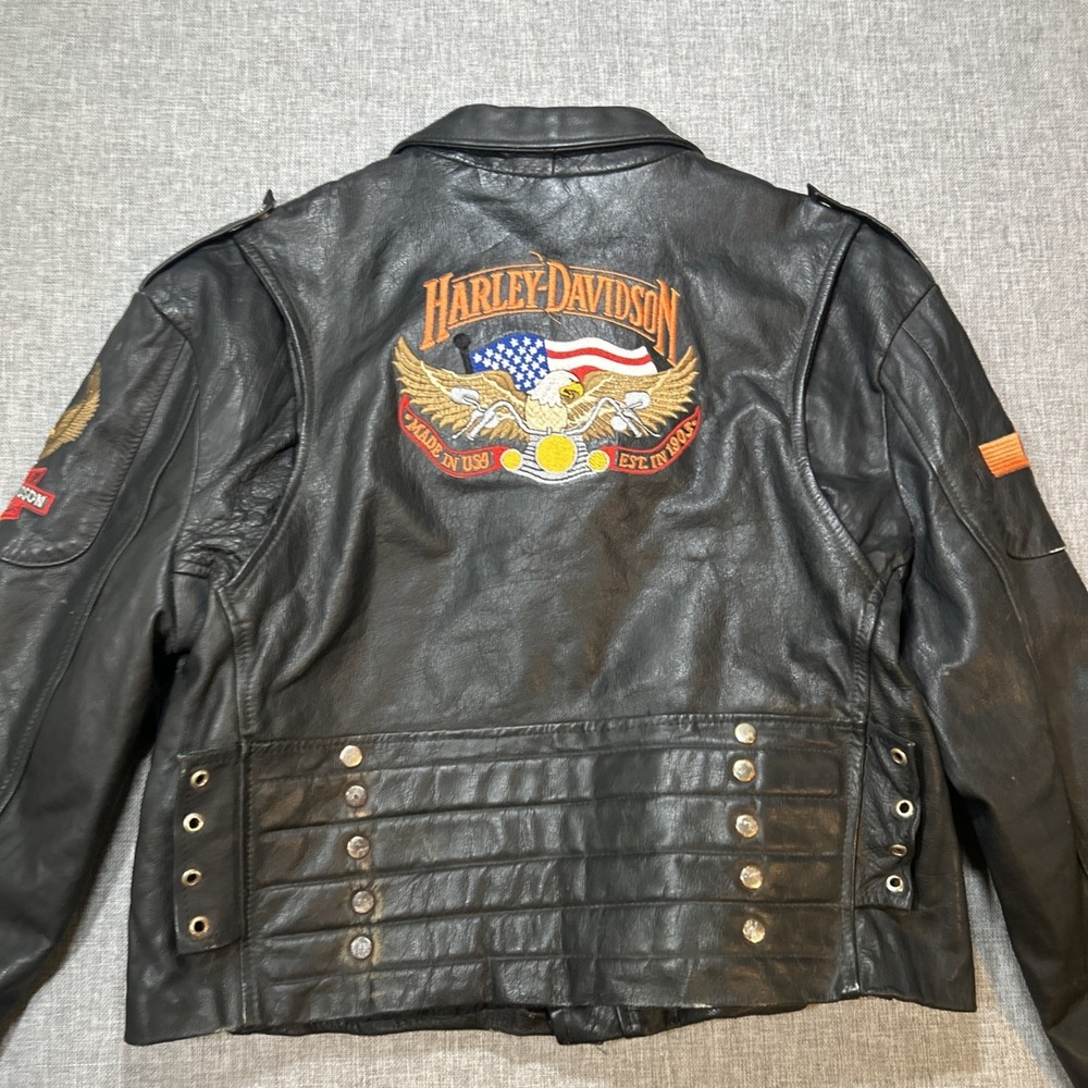 Vintage Leather Jacket With Harley Davidson Embroidery Sz XL Biker Black